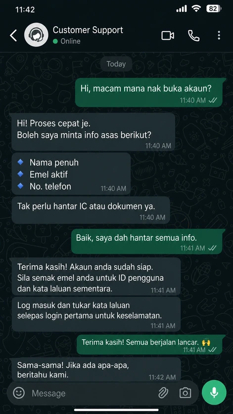 Perbualan pendaftaran akaun Mega888 melalui chat